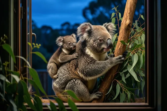 Een moederkoala klemt zich met haar jong op haar rug vast aan een eucalyptustak, gezien door een raam met bladeren eromheen in de schemering.
