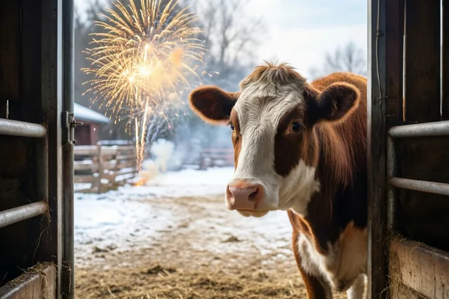 Een bruin-witte koe kijkt over een halve staldeur naar goudkleurig vuurwerk boven een besneeuwd erf met kale bomen.