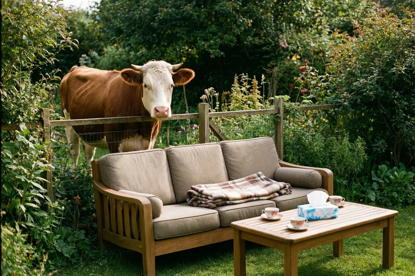 Een bruin-witte koe kijkt over een houten hek naar een tuinzetel met een opgevouwen geruit deken en een houten salontafel met theekopjes en zakdoekjes.