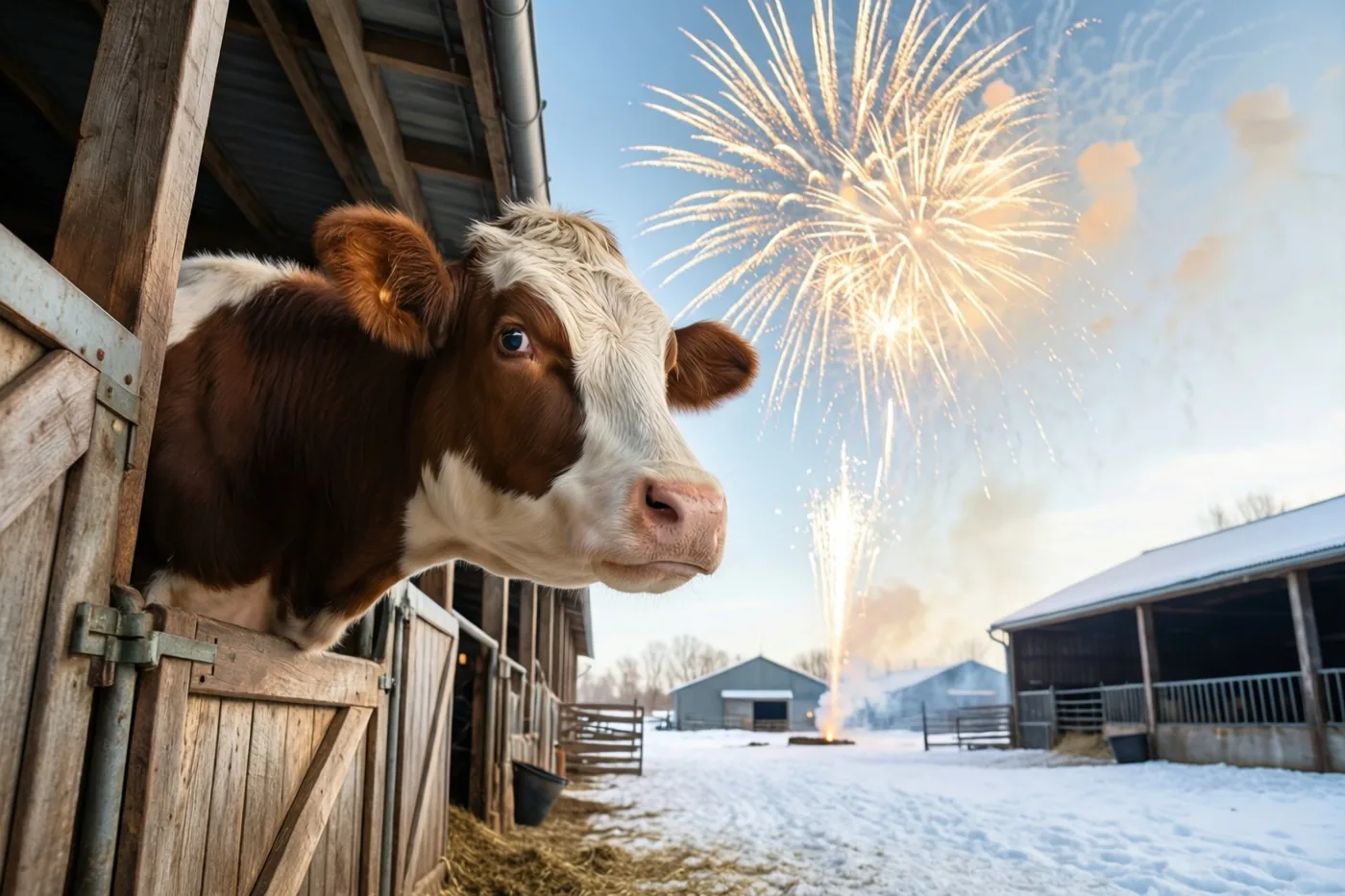 Een bruin-witte koe kijkt vanuit een houten staldeur naar goudkleurig vuurwerk boven een besneeuwd erf met boerderijgebouwen onder een helderblauwe hemel.