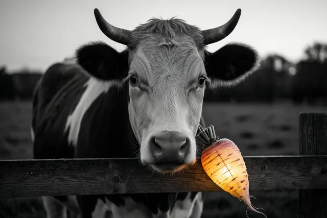 Een zwart-witte koe met hoorns kijkt bij valavond over een houten hek naar een oranje oplichtende bietenlantaarn tegen een zachte, gedempte achtergrond.