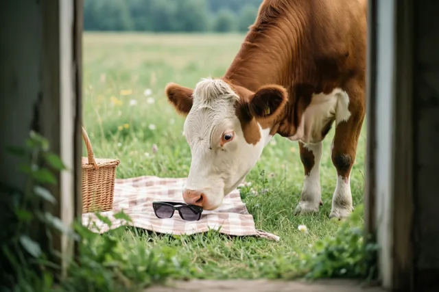 Door een houten deuropening is een bruin-witte koe te zien die aan een zwarte zonnebril op een geruit picknickdeken snuffelt, met een rieten mand erbij in het gras.