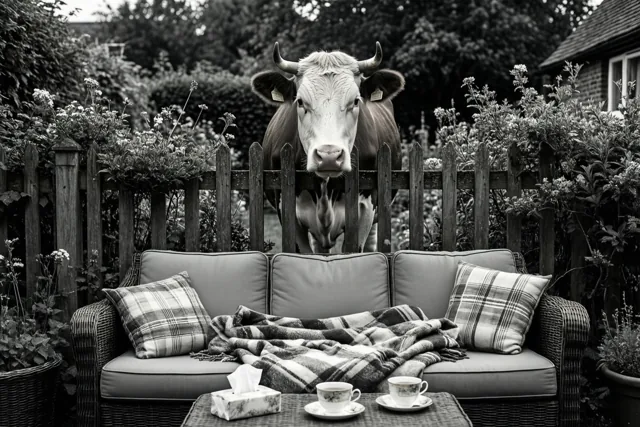 Op een zwart-witfoto kijkt een koe met hoorns over een houten hek naar een rieten tuinzetel met een geruit deken en een tafeltje met theekopjes en zakdoekjes.