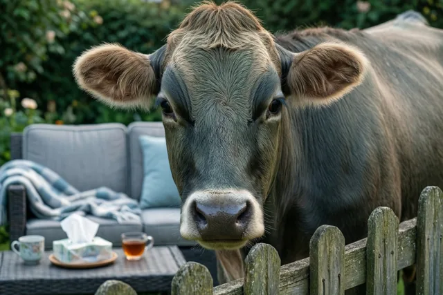 Een koe kijkt over een verweerd houten hek naar een tuinzetel met een deken, zakdoekjes en een kop thee in een groene tuin.