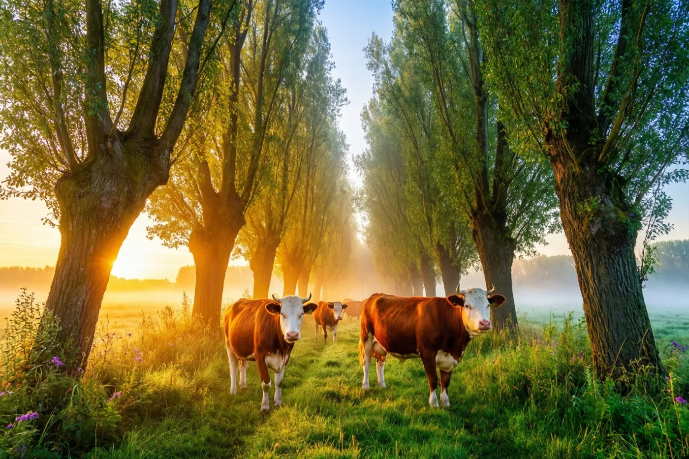 Bruine koeien staan in een groene weide langs knotwilgen, met ochtendmist op de achtergrond en goudgeel licht van de opkomende zon.