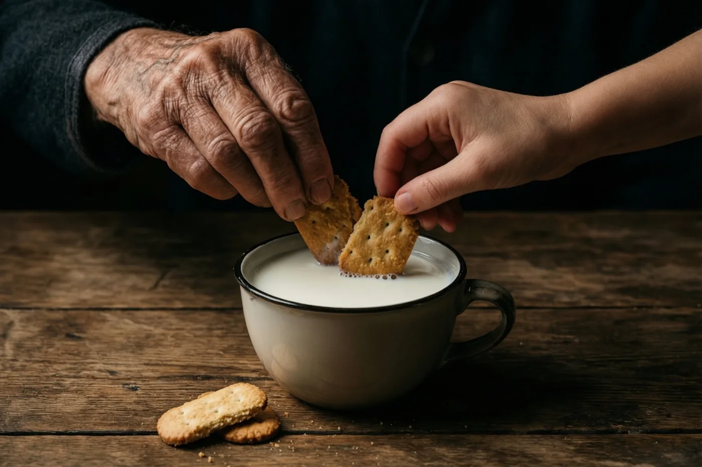 Een oudere hand en een kinderhand doppen koekjes in dezelfde kop melk op een rustieke houten tafel in warm licht.