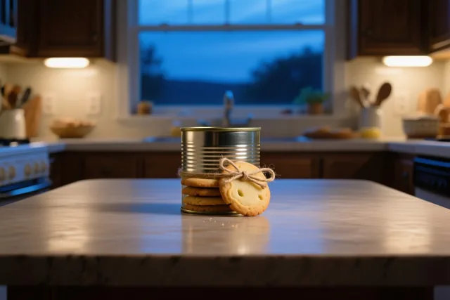 Een stapeltje zelfgebakken boterkoekjes met een touwtje errond zit in een metalen blik op een keukenwerkblad, met warm binnenlicht en blauwe schemertinten aan het raam.
