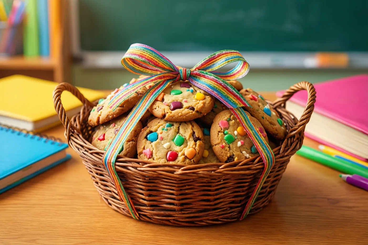 Een rieten mand met koekjes met kleurrijke suikerstrooisels en een regenbooglint staat op een houten bureau bij schriften, kleurpotloden en een groen schoolbord.