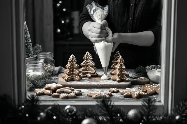 Een ingelijste foto toont hoe iemand peperkoekkerstboompjes op een houten plank met wit glazuur versiert, tussen andere koekjes en feestelijke decoratie.