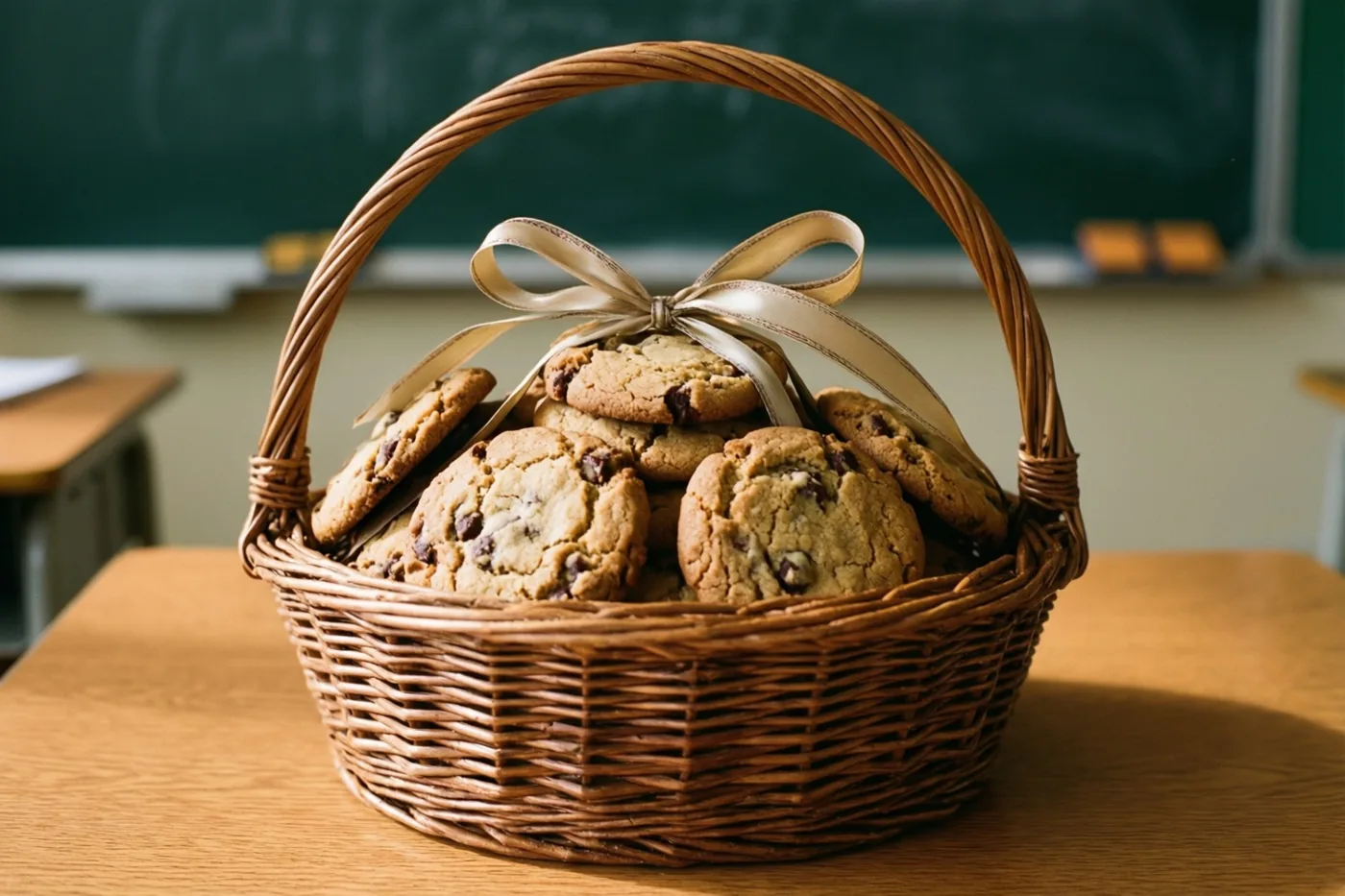 Een rieten mand vol koekjes met stukjes chocolade en een beige lint staat op een houten bureau voor een groen schoolbord.