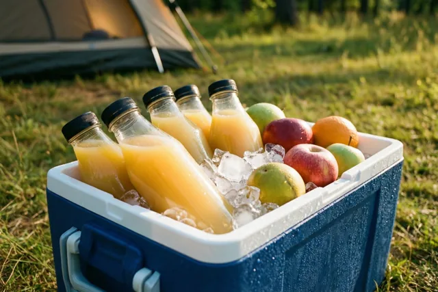 Een blauwe koelbox met ijs, flessen sap en verschillende soorten fruit staat op zonnig gras op een kampeerplek, met een tent op de achtergrond.