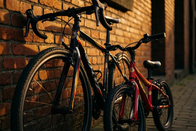Een grote koersfiets en een kleine kinderfiets leunen naast elkaar tegen een bakstenen muur met duidelijke structuur in warm gouden licht.