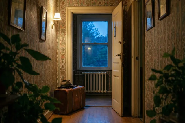 Een bruine leren koffer met een hoed staat in een schemerige jarenzestiggang met patroonbehang, een houten vloer, planten en een wandlamp, met door een open deur zicht op een blauwgetint raam.