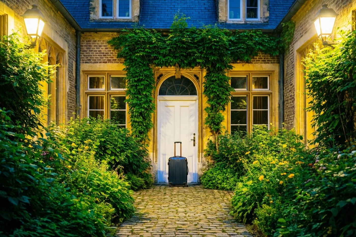 Een koffer staat op een kasseipad naar een witte deur op een groene binnenplaats met warme lantaarns, bij een historisch stenen gebouw met een blauw pannendak.