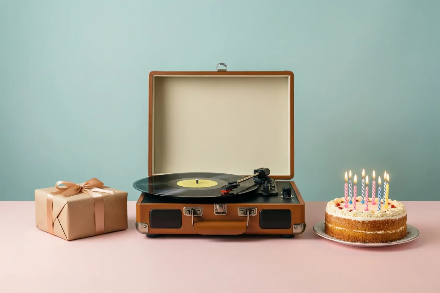 Een oude kofferplatenspeler met een vinylplaat staat op een roze oppervlak tegen een lichtblauwe muur, met links een ingepakt cadeau en rechts een taart met brandende kaarsjes.