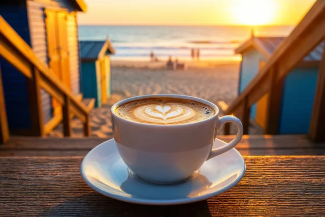 Een witte kop koffie met een figuurtje in het melkschuim staat op een houten tafel, met kleurrijke strandhuisjes en een zandstrand op de achtergrond bij zonsopgang.