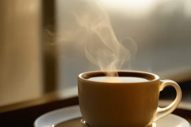 Een dampende kop koffie staat op een schoteltje bij een raam in warm ochtendlicht, met bruine en zachtwitte tinten.