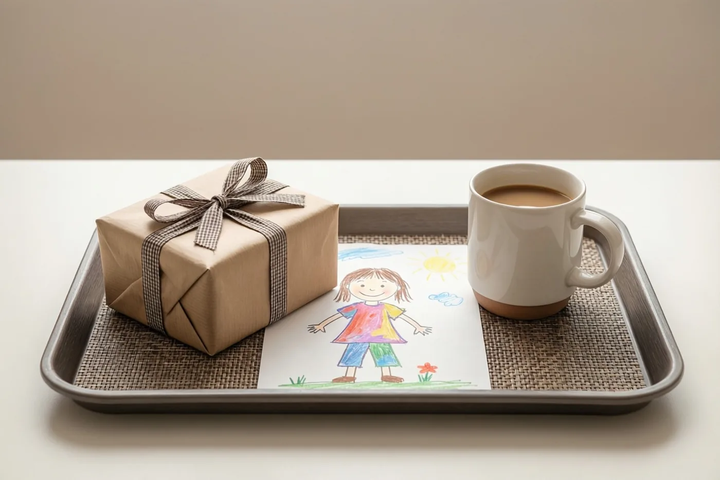 Een ontbijtdienblad met een ingepakt cadeau, een kleurrijke kindertekening van een meisje en een mok koffie staat op een wit oppervlak tegen een beige achtergrond.