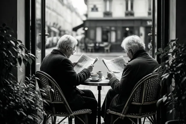 Een ouder koppel zit met de rug naar de kijker aan een tafel op een caféterras en leest kranten bij de koffie op een zwart-witfoto.