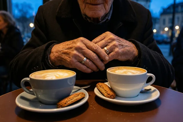 Een oudere persoon met doorleefde handen en trouwringen zit aan een bruine cafétafel met twee kopjes koffie en speculooskoekjes, in een schemerig café met een blauwe achtergrond.