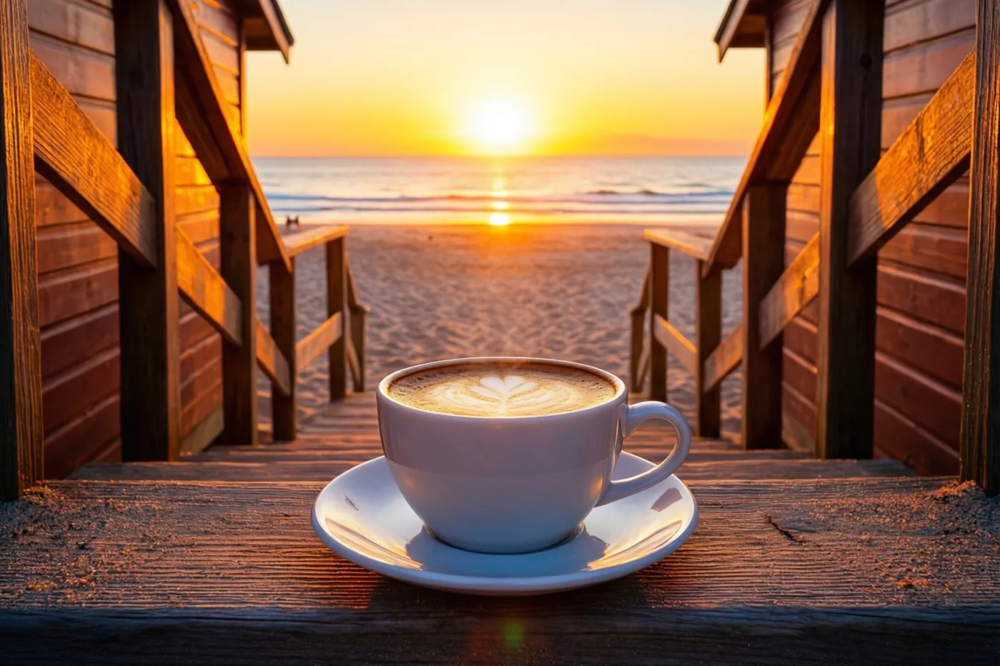 Een witte kop koffie met een figuurtje in het melkschuim staat op een houten trede van een strandhuisje, met uitzicht op de zonsopgang boven zee door de omlijsting van het huisje.