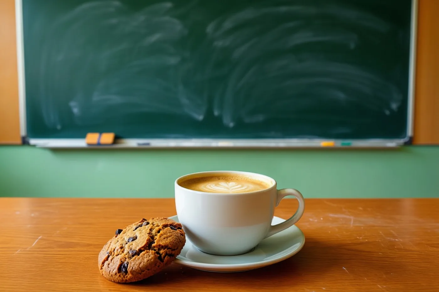 Een witte mok koffie met een figuur in het melkschuim en een koekje met chocoladestukjes staan op een houten bureau voor een groen krijtbord.