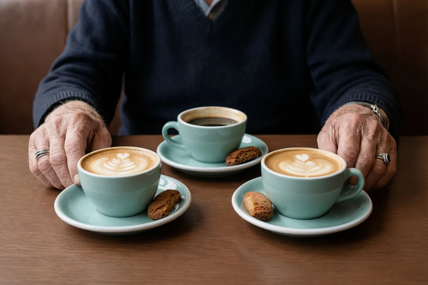 Een oudere persoon met gerimpelde handen en trouwringen houdt twee kopjes koffie met melkschuimfiguren vast aan een houten cafétafel, met kleine speculooskoekjes op de schoteltjes.