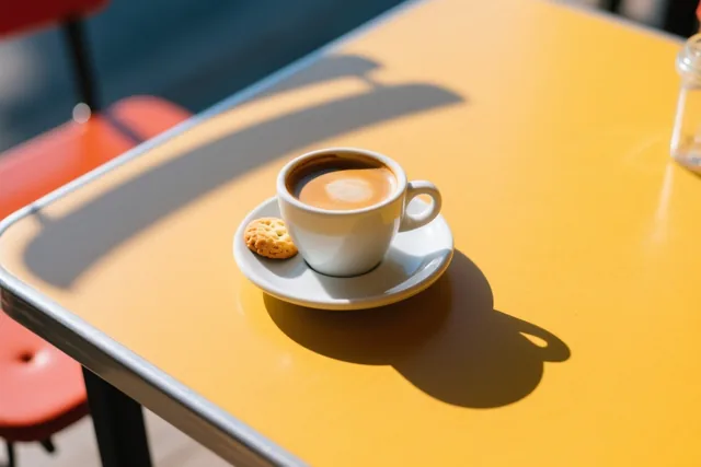 Een witte kop koffie staat met een koekje op een schoteltje op een gele terrastafel in de zon, met rode stoelen op de achtergrond.