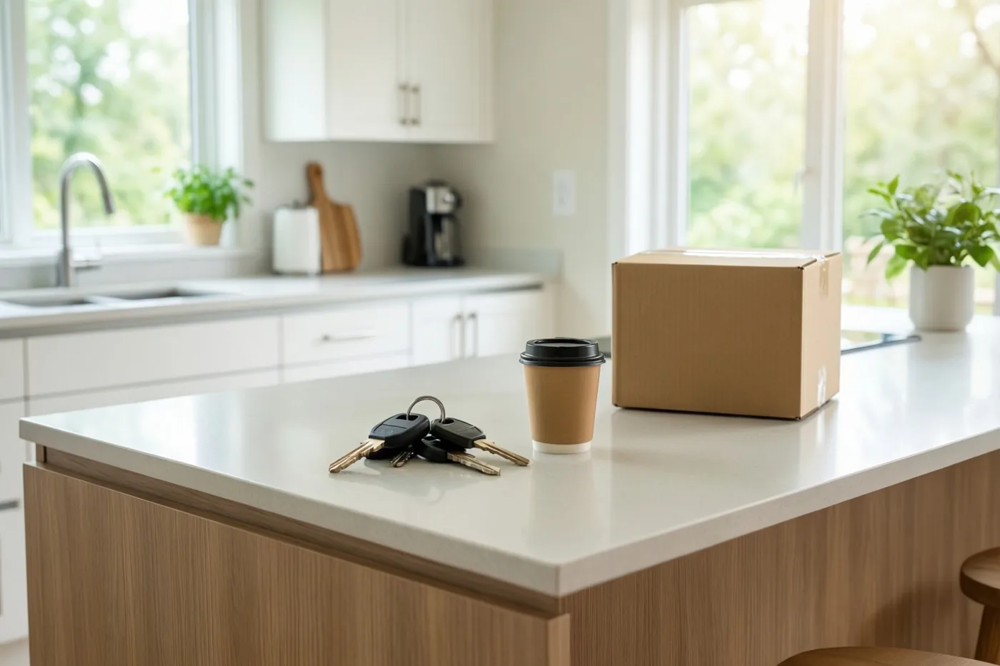 Een sleutelbos, een wegwerpkoffiebeker en een kartonnen verhuisdoos staan op een modern kookeiland in een lichte keuken met witte kasten en daglicht door de ramen.