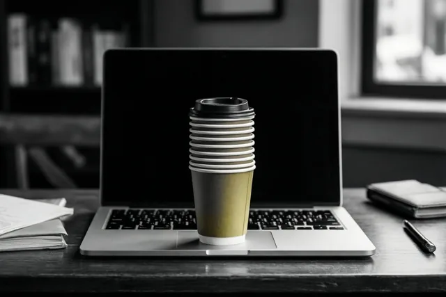 Een stapel gedempt geelgroene koffiebekers staat op het touchpad van een laptop op een bureau met papieren en een pen, terwijl de rest van het beeld zwart-wit is.