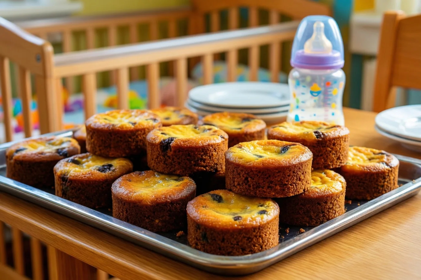 Een metalen schaal goudbruine koffiekoeken staat naast een babyfles en gestapelde borden op een houten tafel, met een houten babybedje op de achtergrond.