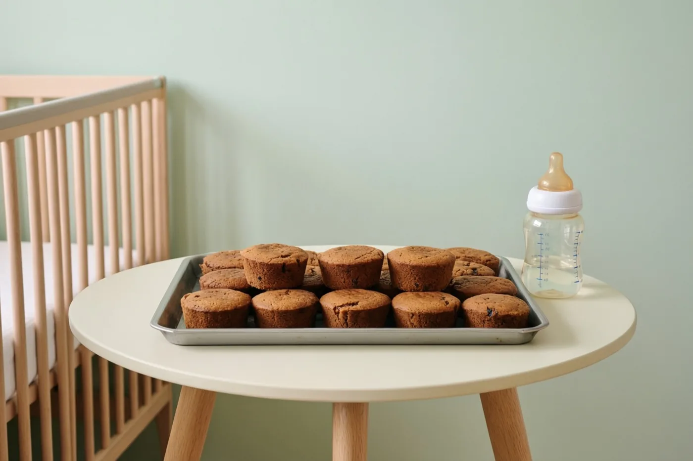 Een schaal goudbruine koffiekoeken staat met een babyfles op een ronde witte tafel naast een houten babybedje in een zacht verlichte kamer met pastelgroene muren.