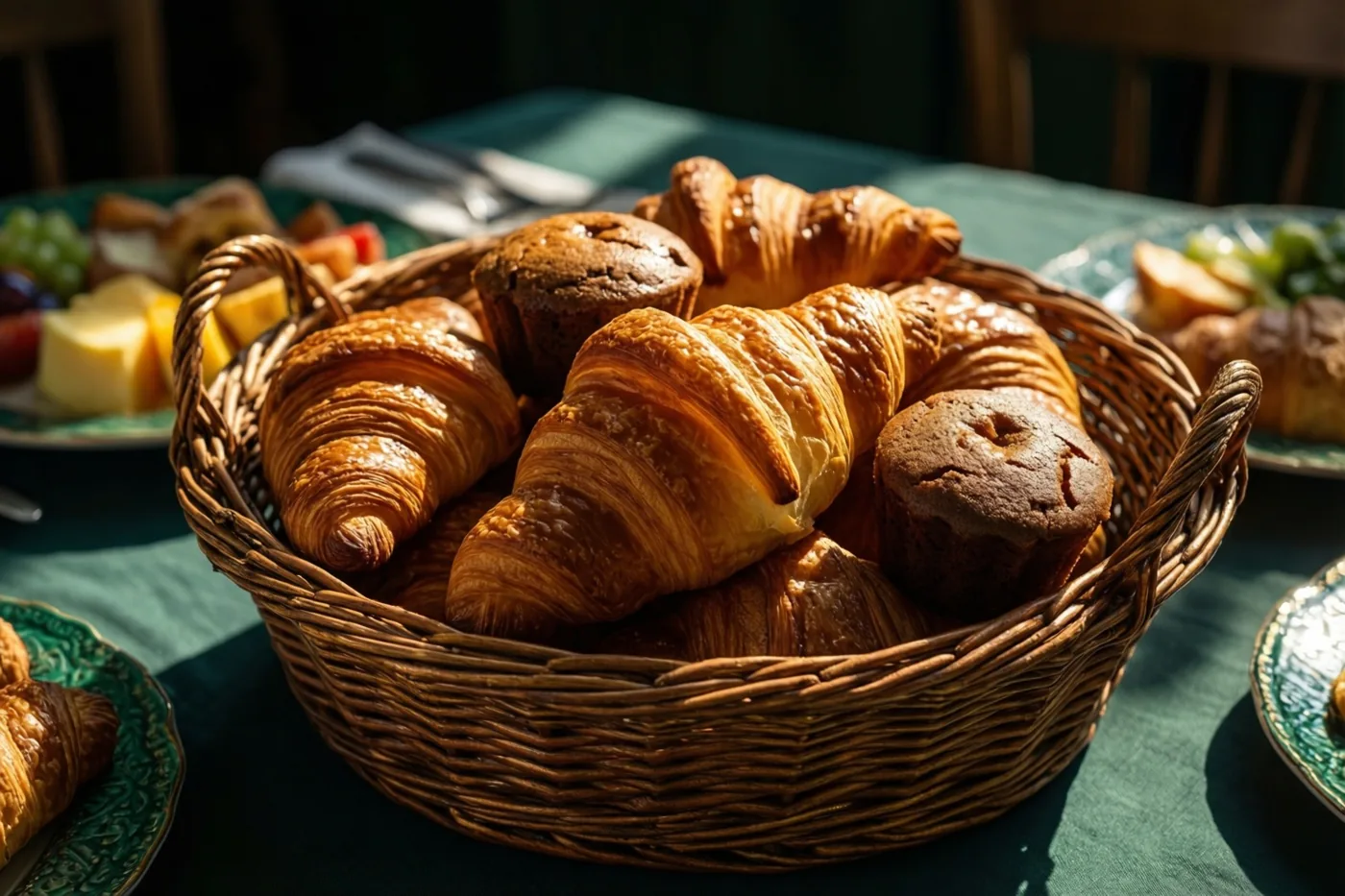 Een rieten mand met goudkleurige croissants en donkere koffiekoeken staat op een groen tafelkleed tussen borden met ontbijtgerechten in fel zonlicht.