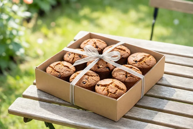 Een doos koffiekoeken met een licht lint staat op een houten tuintafel in een zonnige tuin met groen op de achtergrond.