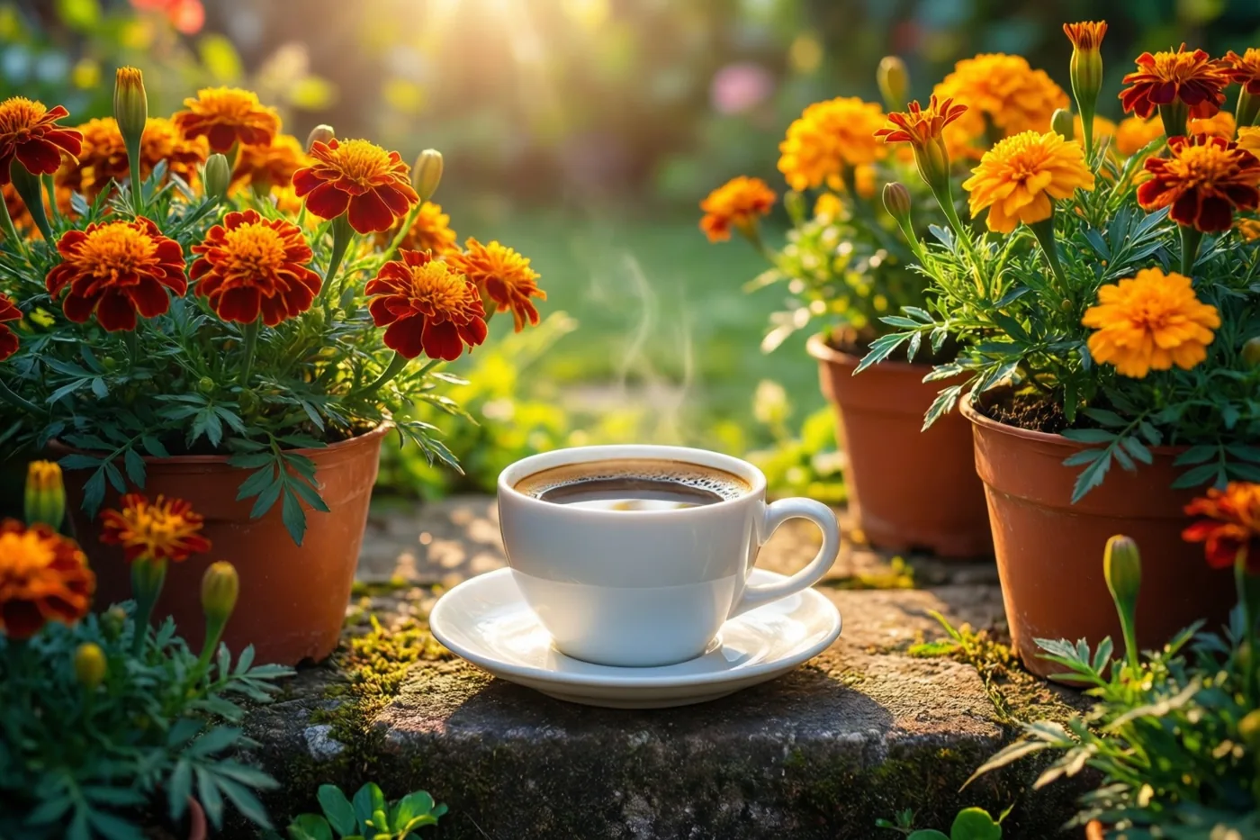 Een wit koffiekopje staat op een stenen tuintrede tussen afrikaantjes met oranje en rode bloemen in het warme ochtendlicht.