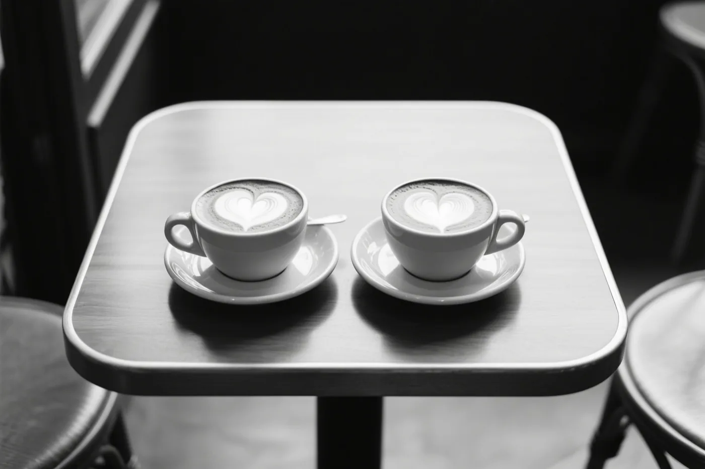 Een zwart-witfoto toont twee witte koffiekopjes met hartjes in het melkschuim op schoteltjes op een klein houten cafétafeltje.