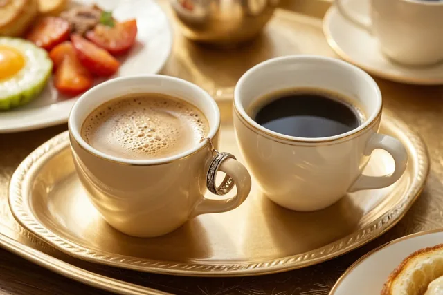 Twee koffiekopjes staan op een goudkleurig dienblad, met een ring aan het oor van één kopje en ontbijt op de achtergrond in warme goud- en crèmetinten.