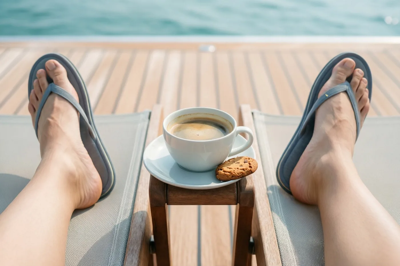 Voeten in pantoffels liggen uitgestrekt op een ligstoel, met koffie en een speculooskoekje op een houten tafeltje ertussen en rustig blauw water voorbij het houten terras.