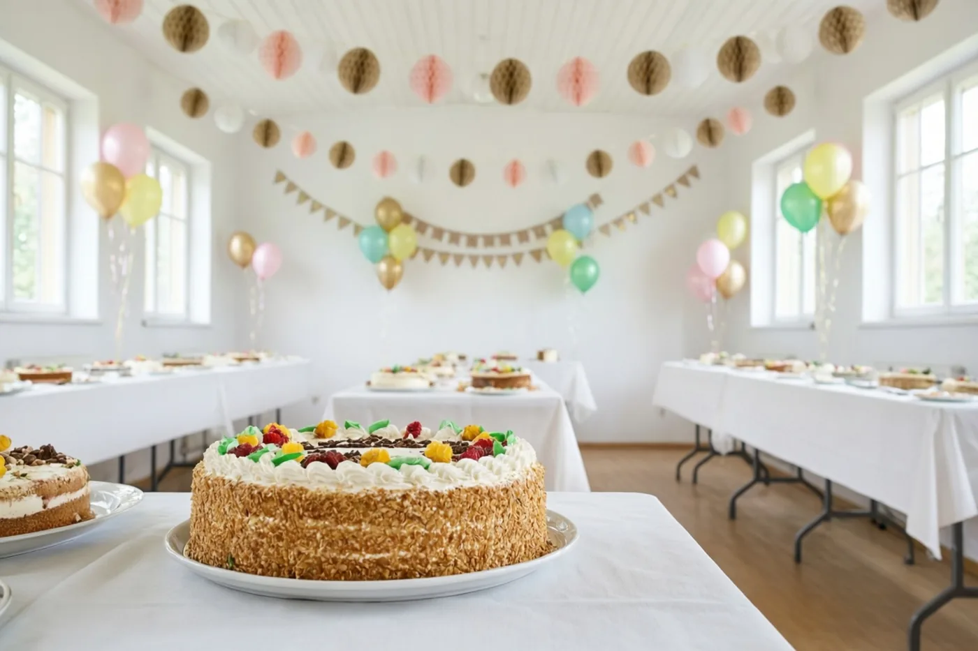 Een grote taart bedekt met kokos staat op een tafel met een wit tafelkleed in een lichte dorpszaal met slingers, ballonnen en lange tafels met andere taarten.
