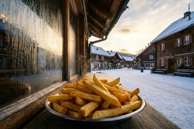 Een metalen kom met goudgele frieten staat op een houten vensterbank naast een beslagen raam, met zicht op een besneeuwd dorpsplein en donkere houten gebouwen bij zonsondergang.