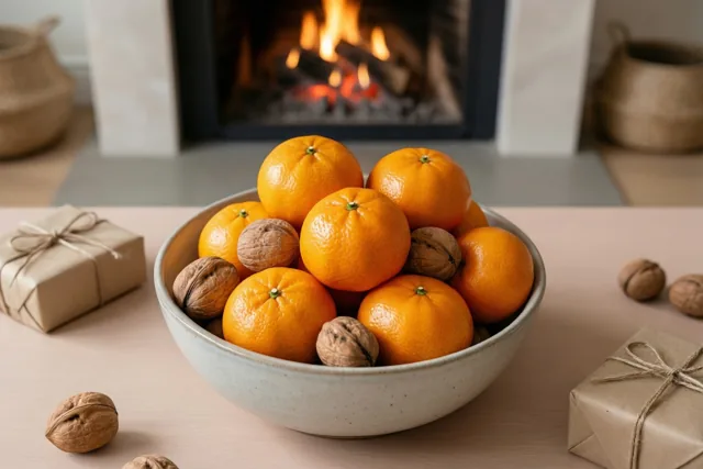 Een keramieken kom vol mandarijnen en walnoten staat op een houten tafel voor een brandende haard in warm oranje, beige en wit licht.