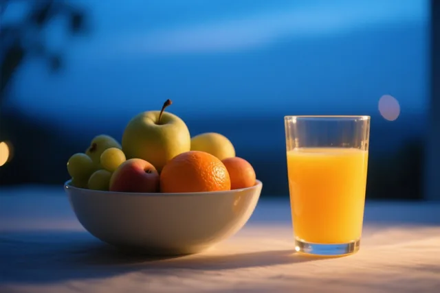Een witte kom met verschillende soorten vers fruit staat naast een glas sinaasappelsap op een tafel in warm ochtendlicht, tegen een blauwe schemerige achtergrond.