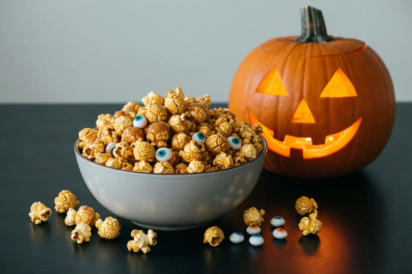Een grote kom karamelpopcorn met snoepogen staat op een donkere tafel naast een verlichte uitgesneden pompoen tegen een lichtgrijze achtergrond.