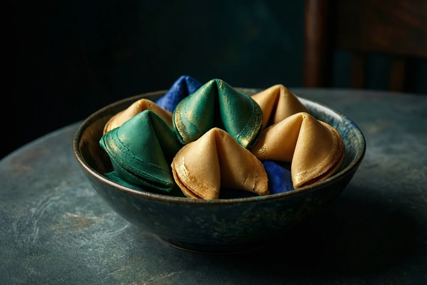 Een kom met goudkleurige, groene en blauwe gelukskoekjes staat op een donkere tafel met een zichtbare structuur en diepe schaduwen.