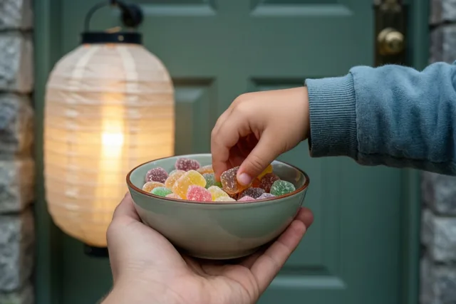 Een kinderhand reikt naar kleurrijke gomsnoepjes in een kom die wordt aangeboden bij een groene voordeur en een stenen muur, met een brandende papieren lantaarn op de achtergrond.