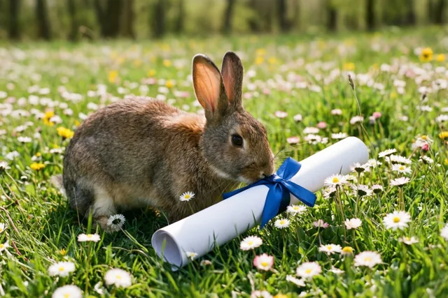 Een bruin konijn zit in een zonnige lenteweide met madeliefjes en snuffelt aan een opgerold diploma met een blauw lint.