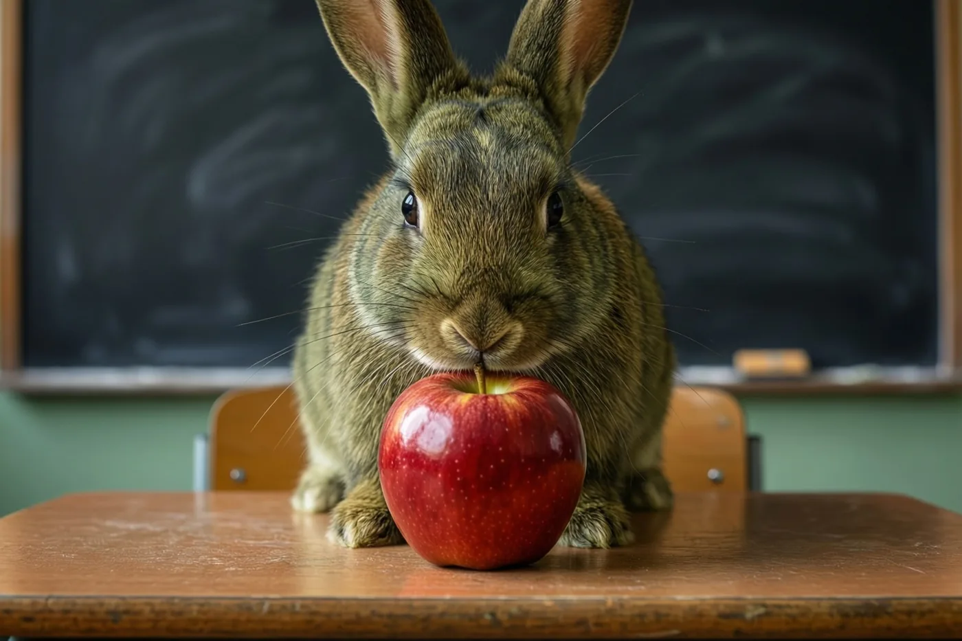 Een bruin konijn snuffelt aan een glanzende rode appel op een houten schoolbank, met een schoon schoolbord op de achtergrond.
