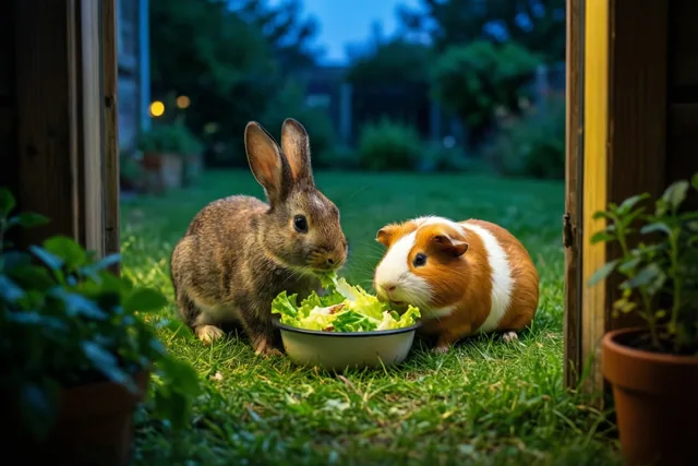 Een bruin konijn en een bruin-witte cavia eten sla uit een witte kom op groen gras, omlijst door een houten deuropening in de schemering.