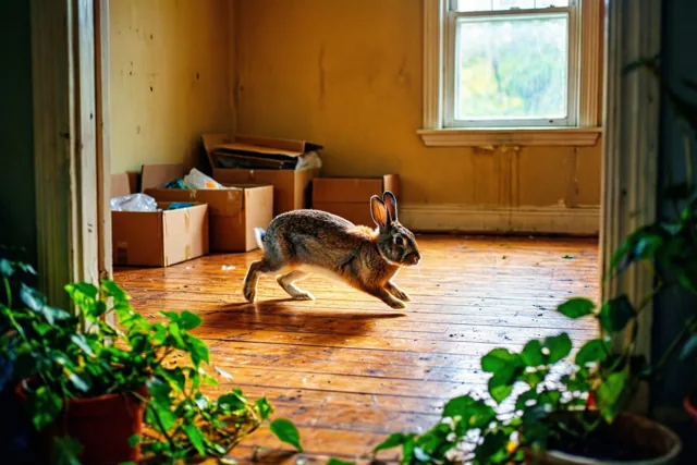 Een bruin konijn springt over een kale houten vloer in een lege kamer met gele muren, gestapelde dozen en daglicht door het raam.