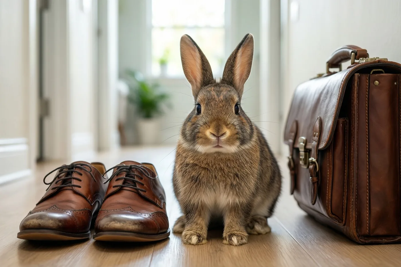 Een bruin konijn zit op een houten vloer in een gang naast bruine leren schoenen en een bruine leren aktetas, met daglicht uit een raam op de achtergrond.